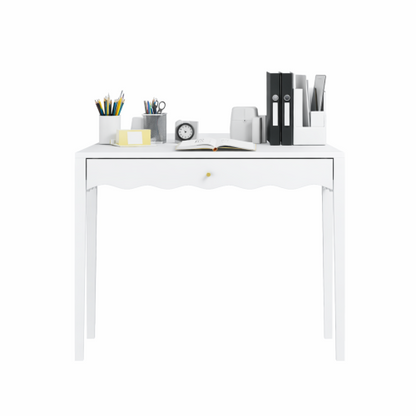 White 35.43inch  Vanity Desk with Drawer ¨C Modern Makeup Table with Scalloped Front & Gold Knob, Compact Writing Desk with 4 Sturdy Legs for Bedroom, Small Home Office & Apartment Spaces