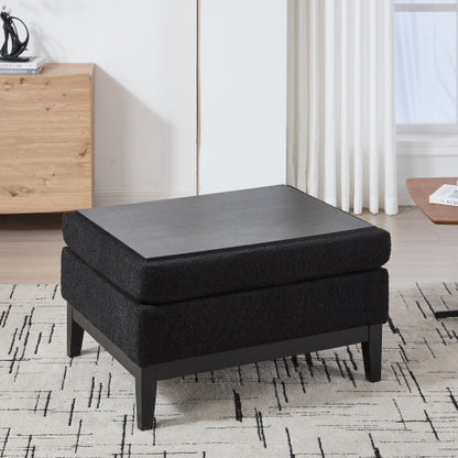 33.86 inch Black Boucle Square Storage Ottoman, Reversible Tray Lid Rubberwood Leg Footstool, 300 LBS