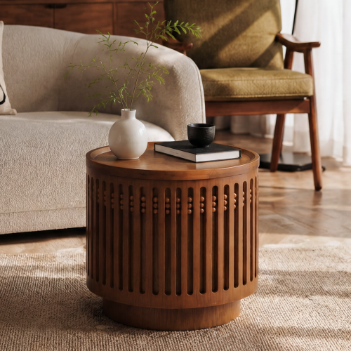18.9inch  Round Wooden Side Table Walnut Lattice Storage End Table Boho Accent Table
