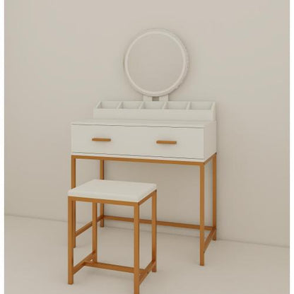 Vanity Set with Mirror and Stool - Makeup Vanity Table with Storage Drawers and Organizer, White and Gold, Space-Saving Design for Small Bedrooms