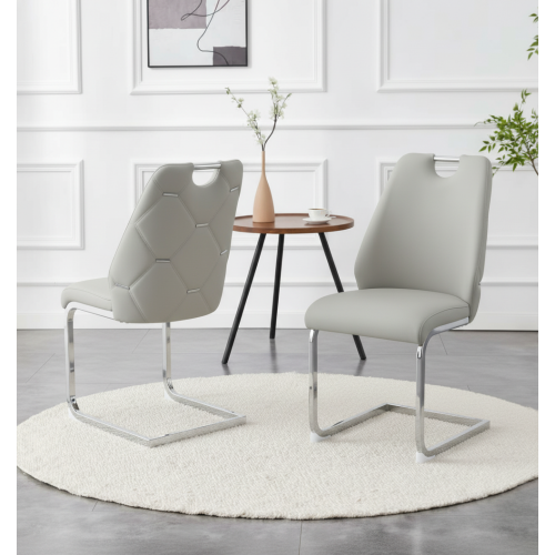 Set of 2 Light Gray Gold Mesh PU High Back Dining Chairs, Silver Back Ring Chrome Pull Handle Solid Iron Frame