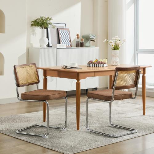 Set of 2 Coffee Cane Back Cantilever Dining Chairs, Linen Upholstered Chrome Double Steel Pipe Base 360 LBS Capacity