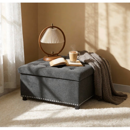 Dark Grey Tufted Square Storage Ottoman with Nailhead Trim, Upholstered Footstool for Living Room & Bedroom