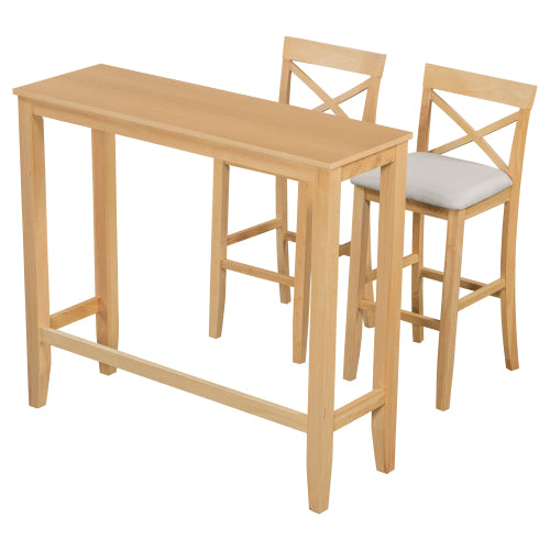 Farmhouse 48inch Rectangular Wood Bar Height Dining Set Kitchen Breakfast Nook with 2 Chairs for Small Places,Natural+Beige