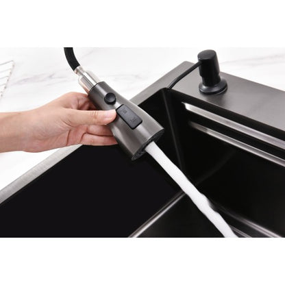 Waterfall Kitchen Sink, Stainless Steel Single Bowl in Black, Multifunctional Workstation with Flying-rain Faucet and Cutting Board, 30×18″ Stainless Steel Single Bowl Sink, LS-SSBL05