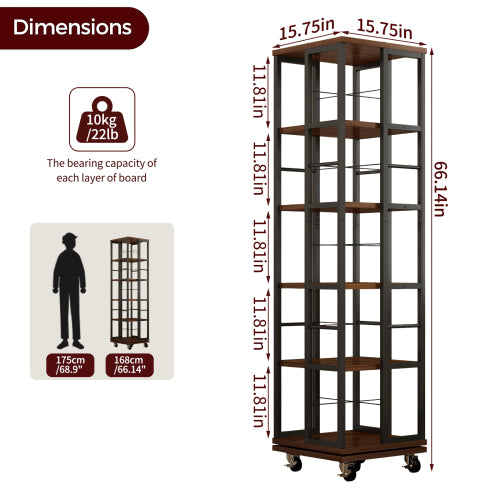 5-Tier Rotating Corner Bookcase 360¡ã Wood Display Shelf Rustic Brown