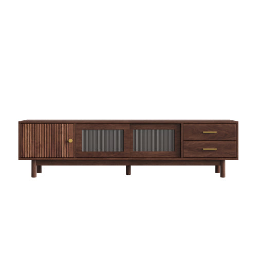 70.86 inch Dark Brown Mid Century Wave Glass Sliding Door TV Stand Pine Leg Console For 80 inch TV