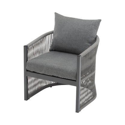 Modern Gray Curved Aluminum Lounge Chair with Stylish Rope-Weave Design and Cushioned Comfort, Perfect for Outdoor Living