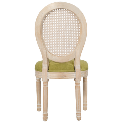 Set of 2 Green French Country Rattan Round Back Dining Chairs, Full Solid Wood Frame Disassemblable Side Chairs