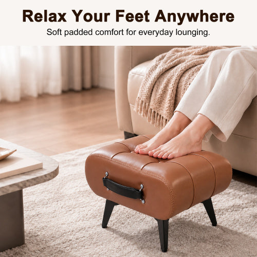 Rectangular Tufted Faux Leather Storage Ottoman with Portable Handle & Metal Legs, Multi-Function Foot Stool for Bedroom