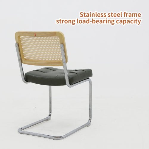 Set of 2 Dark Green Faux Leather Rattan Cantilever Dining Chairs, Chrome Tubular Steel Breuer Frame Stackable Side Chairs