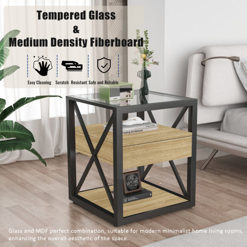 1 piece Modern End Table with Drawer - Nightstand for Bedroom & Living Room, Natural Wood MDF & Tempered Glass Top, Industrial Style Side Table