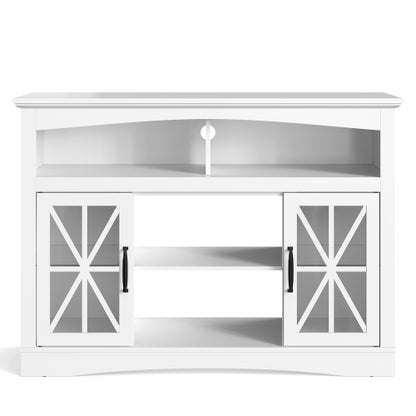 47 Inch White Farmhouse Retro TV Console with Glass Doors, LED Lights & UL Certified Fireplace Space