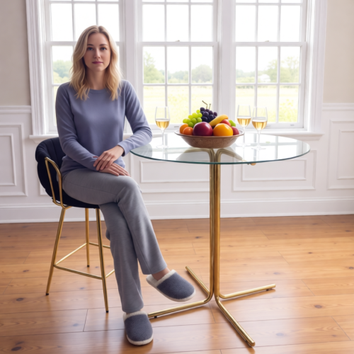 Round glass bar high table, 36 inch round bar table, tempered glass tabletop, sturdy gold chrome plated four column support, suitable for transparent round bar tables in small spaces, kitchens