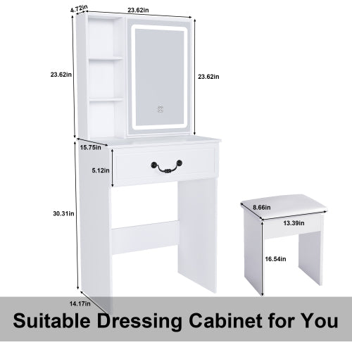 Modern Mini Dressing Table with LED-lit Mirror & Hidden Storage,Includes Padded Stool,Adjustable Brightness Vanity Desk,Multi-tier Dust-proof Shelves,White