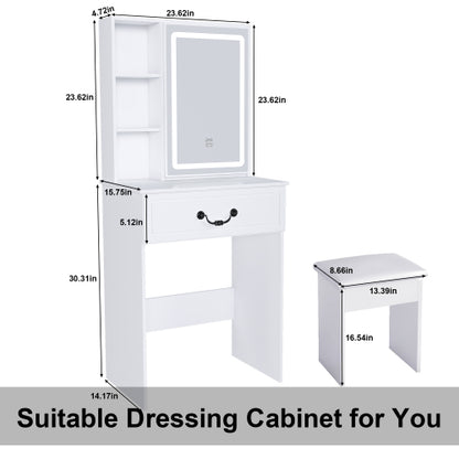 Modern Mini Dressing Table with LED-lit Mirror & Hidden Storage,Includes Padded Stool,Adjustable Brightness Vanity Desk,Multi-tier Dust-proof Shelves,White