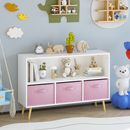 Kids Bookcase with Fabric Drawers and Toy Storage Organizer, White/Pink