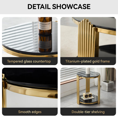 16.9inch  Double-Layer Black Tempered Glass & Gold Steel End Table
