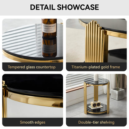 16.9inch  Double-Layer Black Tempered Glass & Gold Steel End Table