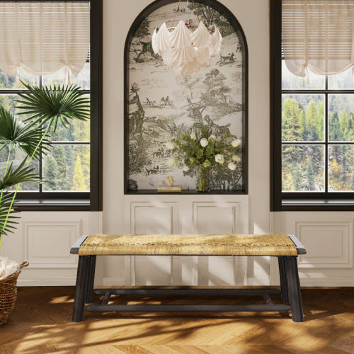 Farmhouse Modern Solid Wood Rattan Bench - 59 Inch Indoor & Covered Outdoor Bench Walnut  Finish Multi-Functional Design