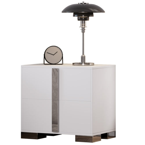Modern End Table with Drawers, Elegant Nightstand with Metal Foot,Wood Bedside Table with Mirrored Metal Handles,Sofa Side End Table for Bedroom Living Room Office,White