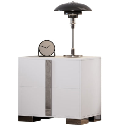 Modern End Table with Drawers, Elegant Nightstand with Metal Foot,Wood Bedside Table with Mirrored Metal Handles,Sofa Side End Table for Bedroom Living Room Office,White