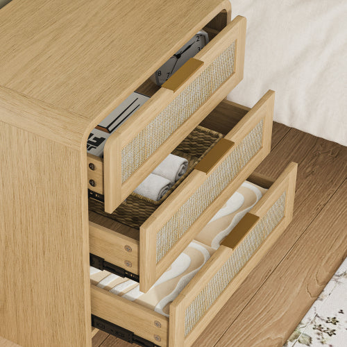 Rattan Nightstand 3 Drawers, 22.8inch  Wide Curved Wooden Bedside Table, Modern Storage for Bedroom, Natural Oak.