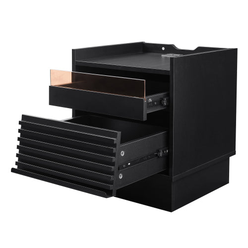 Mid Century Modern Nightstand with Charging Station and LED lights, Night Stand with 2 Drawers, Bedside Tables/End Table for Bedroom or Living Room, Black
