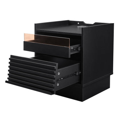 Mid Century Modern Nightstand with Charging Station and LED lights, Night Stand with 2 Drawers, Bedside Tables/End Table for Bedroom or Living Room, Black