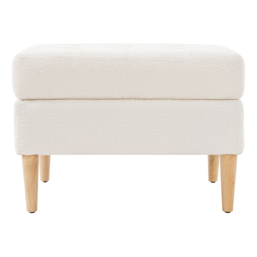 Ivory Tufted Boucle Ottoman with Solid Rubberwood Legs, 350+ LBS Low Profile Multifunctional Accent Stool