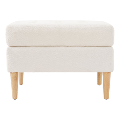 Ivory Tufted Boucle Ottoman with Solid Rubberwood Legs, 350+ LBS Low Profile Multifunctional Accent Stool