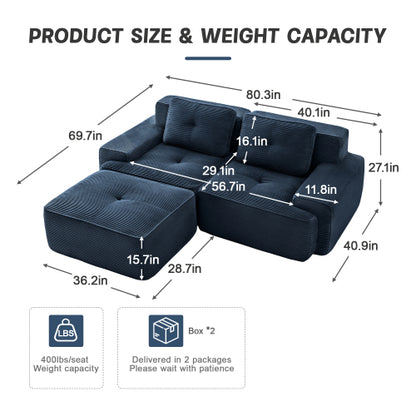 82 inch  Blue Corduroy L-Shape Modular Sofa, Movable Ottoman, No Assembly
