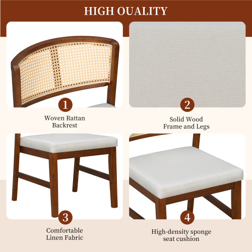 Rattan Dining Chairs Set of 2, Upholstered Kitchen Side Chairs with Curved Cane Back & Rubber Wood Frame