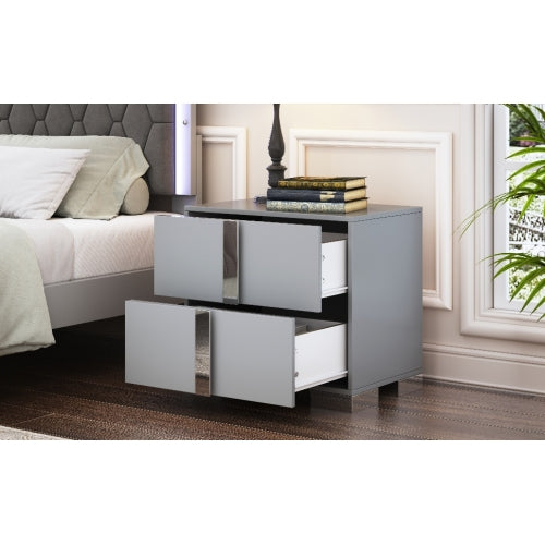 Elegant Nightstand with Metal Foot, Mirrored Bedside Table with 2 Drawers for Bedroom, Living Room, Gray