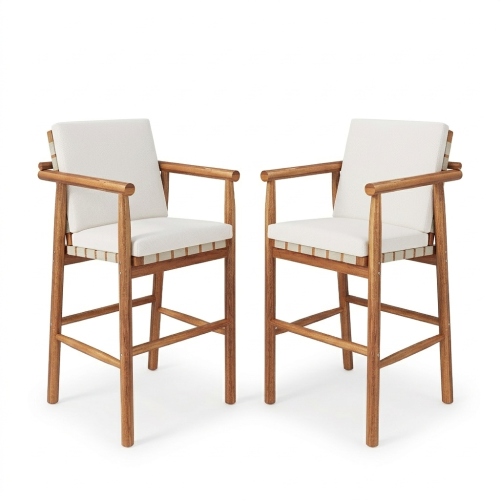 Outdoor Counter Height Bar Stools Chair Set of 2, Modern Patio Acacia Wooden Stools with Backrest Arm and Webbing Seat, for Patio, Pool, Garden, Beige Cushions Included