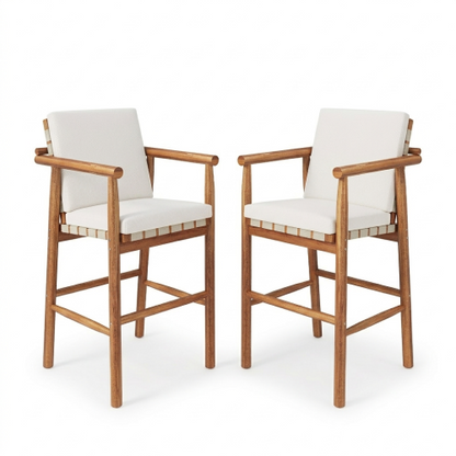 Outdoor Counter Height Bar Stools Chair Set of 2, Modern Patio Acacia Wooden Stools with Backrest Arm and Webbing Seat, for Patio, Pool, Garden, Beige Cushions Included