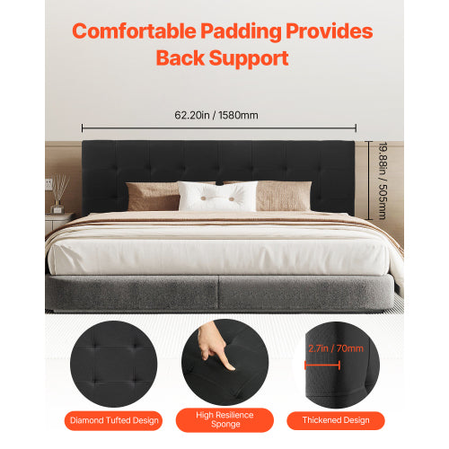 Headboard, Queen Size Headboard with Adjustable Height, Comfortable Diamond Tufted for Queen Size Bed, W62.2 x H(42.72-54.53) x D2.76 in, Ideal for Bedroom, Hotel, Homestay, Dormitory, Black