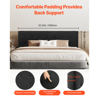 Headboard, Queen Size Headboard with Adjustable Height, Comfortable Diamond Tufted for Queen Size Bed, W62.2 x H(42.72-54.53) x D2.76 in, Ideal for Bedroom, Hotel, Homestay, Dormitory, Black