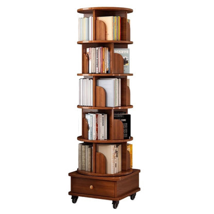 Rotating Bookshelf, 360 Display Corner Bookshelf for Small Space, 6 Tier Bookcase Storage Rack with Wheels, Wood Narrow Organizer for Bedroom, Living Room, Study Room, Walnut Brown