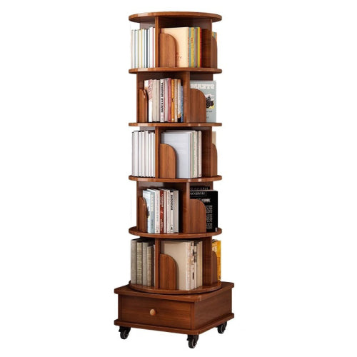 Rotating Bookshelf, 360 Display Corner Bookshelf for Small Space, 6 Tier Bookcase Storage Rack with Wheels, Wood Narrow Organizer for Bedroom, Living Room, Study Room, Walnut Brown
