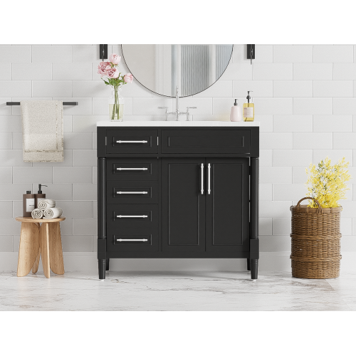 36'' Bathroom Vanity with Top Resin Sink, Freestanding Bathroom Storage Cabinet with 2 Drawers and a Tip-out Drawer, Solid Wood Frame Vanity Set, Height Adjustable Shelf