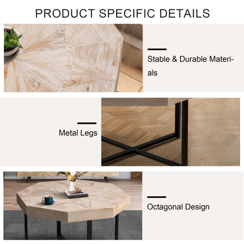 30 Inch Octagonal Patchwork Coffee Table, Antique Wood