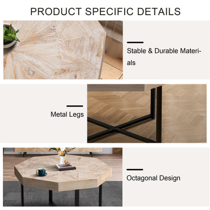 30 Inch Octagonal Patchwork Coffee Table, Antique Wood