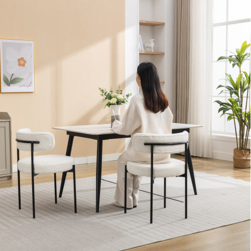 2-Piece  Modern Round Boucle Dining Chairs, White Boucle Upholstered Side Chairs with Matte Black Iron Legs for Dining Room