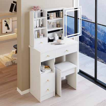 29.2 inch  Small Vanity Table w/ LED Mirror, Left Drawer, 3-Color Dimmable Light & Stool