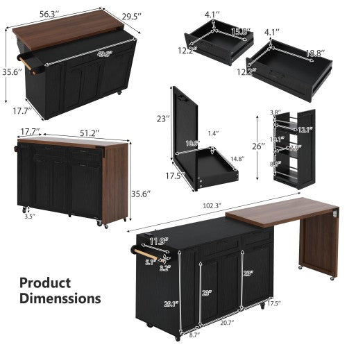 102 Inch Kitchen Island with Extendable Dining Table & Trash Storage Black