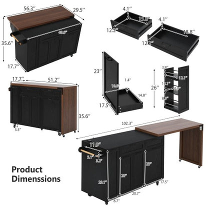 102 Inch Kitchen Island with Extendable Dining Table & Trash Storage Black