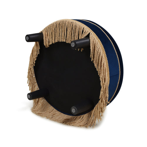 24 inch Round Upholstered Accent Ottoman, Navy Blue Velvet Ottoman with Gold Bullion Fringe Trim