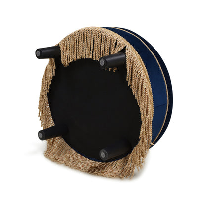 24 inch Round Upholstered Accent Ottoman, Navy Blue Velvet Ottoman with Gold Bullion Fringe Trim