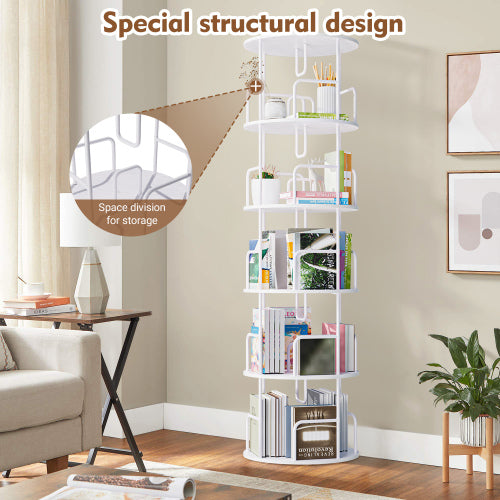 White 5-Tier 360¡ã Rotating Book Tower Vertical Spinning Design Space-Saving Home Living Room Storage Organizer